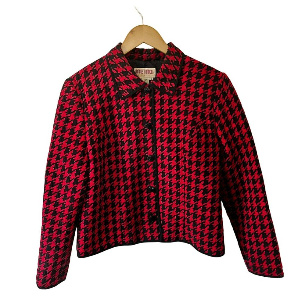 Vintage Womens Maggie London Quilted Jacket 100% Silk Red Black Herringbone Sz 8